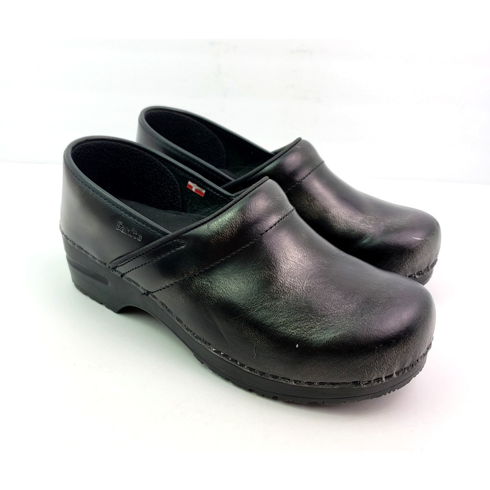 Sanita Womens Size EU 42 US 11 Black Silver Leather Slip On Work Clog Shoes
